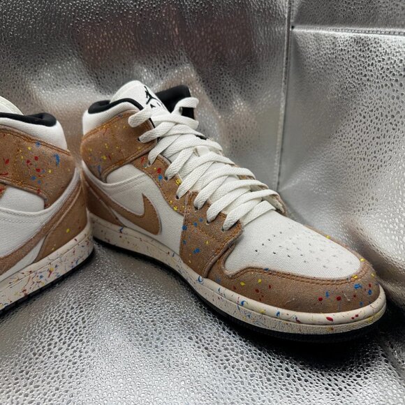 Size 10 Air Jordan 1 SE Mid Mens Black White Brushstroke Paint Shoes‎ DA8005-100 - Picture 5 of 12